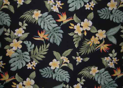10lelina Tropical Tropical Plumeria & Bird Of Paradise Flowers on a Hawaiian cotton broadcloth fabric.