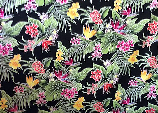 10lohi  Tropical Botanical Vintage Hawaiian Fabric.  All-Over floral. Stylized, brightly-colored bird of paradise, plumeria (frangipani), monstera, palm fronds and leaves..