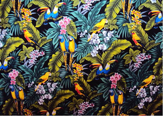 10mamo Birds - Parrots and Macaws with orchid flowers Tropical Botanical Vintage Hawaiian Fabric. cotton apparel fabric.