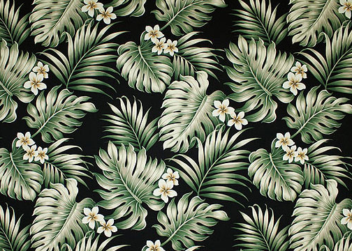  Tropical Botanical Vintage Hawaiian Fabric. 
			Cotton Poplin, 44/45 inch Wide, All-Over. naholo
 and palm fronds with plumeria flowers