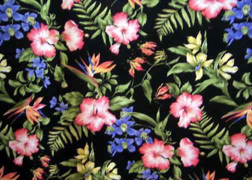 10nurie Tropical Hawaiian bird of paradise & orchids on a black non-upholstery barkcloth fabric Hawaiian vintage style fabric.