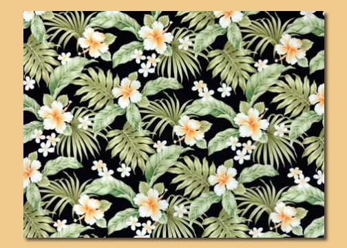 10omo'omo'o Tropical Botanical Vintage Hawaiian Fabric.Plumeria and Hibiscus flowers on a black cotton broadcloth apparel fabric..