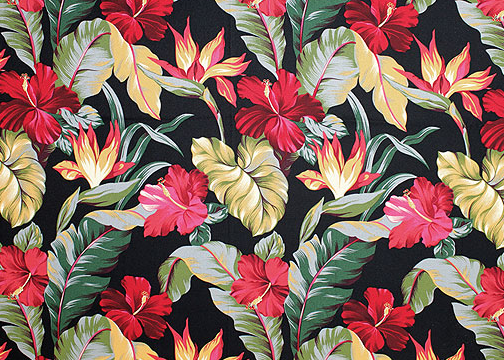 10pauhana Tropical Botanical Vintage Hawaiian Fabric Bird of Paradise and Hibiscus flowers - cotton barkcloth fabric, Hawaiian vintage style fabric.