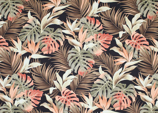 10ukali  -Barkcloth Hawaii Fabrics - Vintage Style Hawaiian Botanical Fabric a tropical Bird of paradise, naholo
, and palm fronds on a cotton apparel fabric.