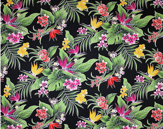 10waina stylized, brightly-colored bird of paradise, naholo
, palm fronds and leaves apparel cotton, Tropical Botanical Vintage Hawaiian Fabric Hawaiian vintage style fabric.