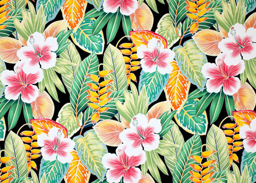 Welina - Barkcloth Hawaii Fabrics - Vintage Style Hawaiian Fabrics. Tropical Hawaiian stylized hibiscus, heliconia, and multi-colored leaves. a cotton apparel fabric.