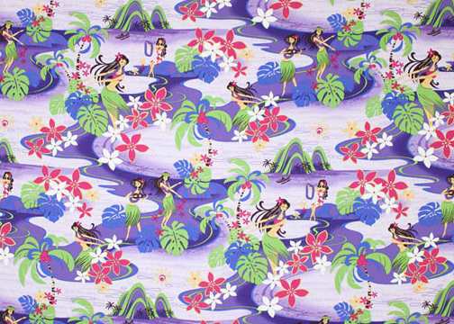 11Hana Ma'i Vintage Style Hawaiian Large scale, whimsical hula dancers, palm trees, flowers, and naholo
 ferns., on a cotton poplin apparel fabric.