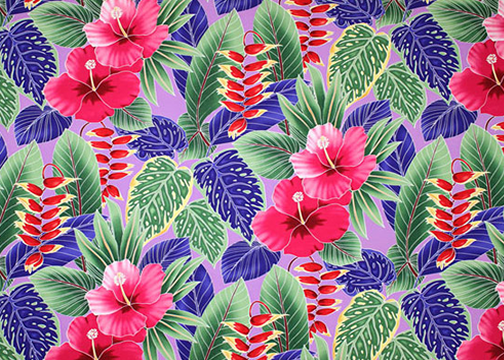 11ho'oni Vintage Style Hawaiian Large scale, colorful hibiscus, heliconia, 
				and various tropical ferns and leaves, on a cotton poplin apparel fabric.