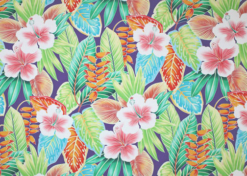 Welina - Barkcloth Hawaii Fabrics - Vintage Style Hawaiian Fabrics. Tropical Hawaiian stylized hibiscus, heliconia, and multi-colored leaves. a cotton apparel fabric.