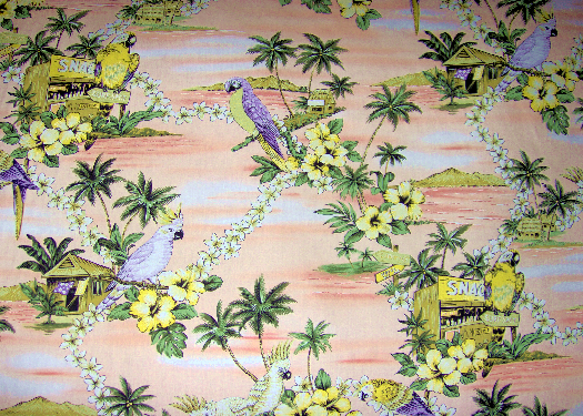 14kapili Tropical Botanical Vintage Hawaiian Fabric Parrots, surfboard shop & palm trees on coral colored broadcloth apparel fabric.