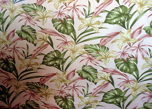 14meli  Tropical Botanical Vintage Hawaiian Fabric. Lily flowers on a cotton poplin apparel fabric.