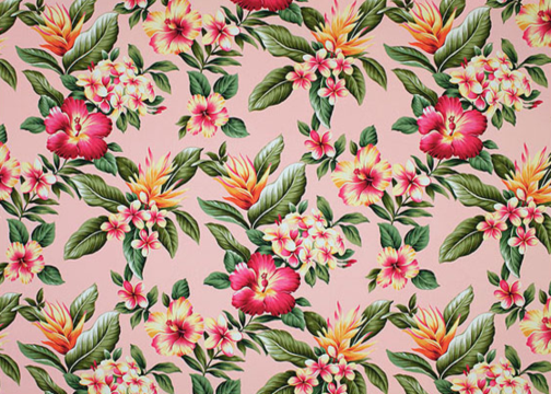 14wehi Tropical Botanical Vintage Hawaiian Fabric Hibiscus & bird of paradise, plumeria flowers, vintage apparel style fabric.