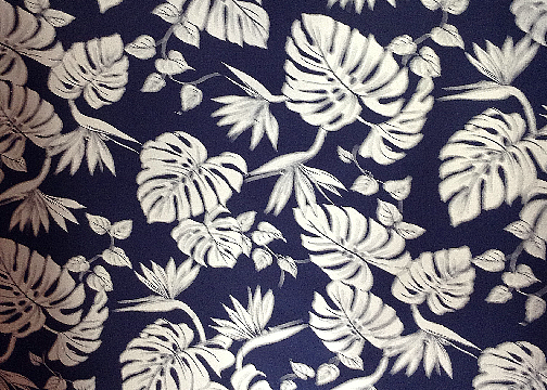 50bird monstera
 Tropical Botanical Vintage Hawaiian Barkcloth Fabric -  leafy reversible cotton apparel fabric with monstera
 leaves and birds of paradise flowers.