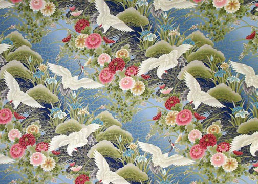 Gold-lined cranes, chrysanthemums, sakura (cherry blossoms), leaves, Japanese yew trees and leaves.