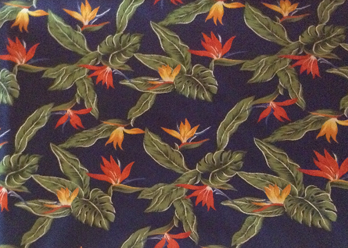 20Hana Lima - Barkcloth Hawaii Fabrics - Vintage Style Hawaiian Botanical fabric with Bird of Paradise flowers and naholo
 leaves on a cotton poplin apparel fabric.