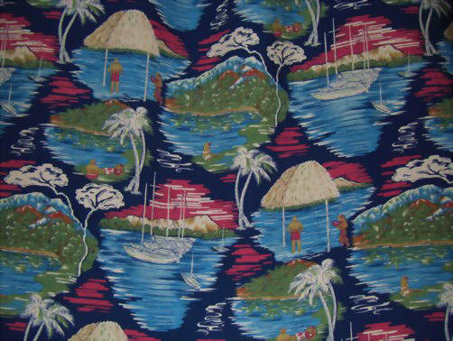 20hiapo Tropical Hawaiian hula, landscape, apparel rayon, Hawaiian vintage style fabric.
