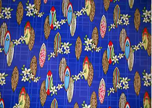 20huahina Tropical Hawaiian Vintage surfboards, plumeria flowers, on a plaid cotton apparel fabric..