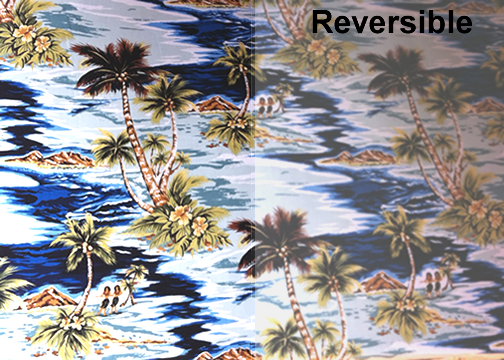 20isles Tropical Hawaiian Vintage Hula Girls, Diamond Head, palm trees, scenic print - on a cotton Hawaiian apparel fabric.