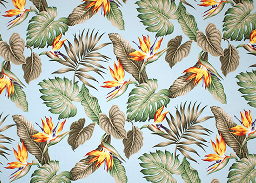 20ka'ena Bird of Paradise flowers, palm fronds, monstera, & ti leaves
      on a cotton poplin vintage style apparel weight fabric.
