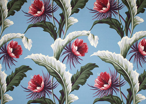 20kapalua Tropical Botanical Vintage Hawaiian Fabric night blooming cereus flowers with banana leaves -  non-upholstery cotton barkcloth fabric.