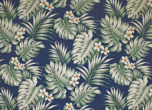  Tropical Botanical Vintage Hawaiian Fabric. 
			Cotton Poplin, 44/45 inch Wide, All-Over. naholo
 and palm fronds with plumeria flowers