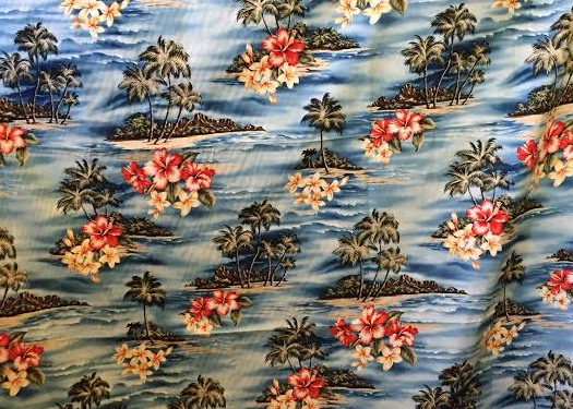 20mauna lepa Tropical Scenic Print; Hibiscus Flowers, palm trees & ocean views on a Hawaiian cotton broadcloth fabric.