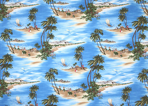 20nanaina Tropical Hawaiian scenic ocean fabric with hula, palm trees, and boats,, cotton apparel fabric.