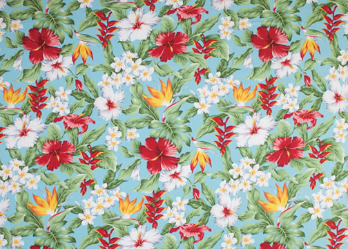 20noke Tropical design, clustered bird of paradise, plumeria (frangipani), heliconia, hibiscus and leaves, all over design.