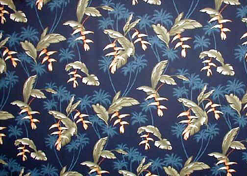 20nolu Tropical Hawaiian Palm Trees & Bird of Paradise on cotton rayon fabric.