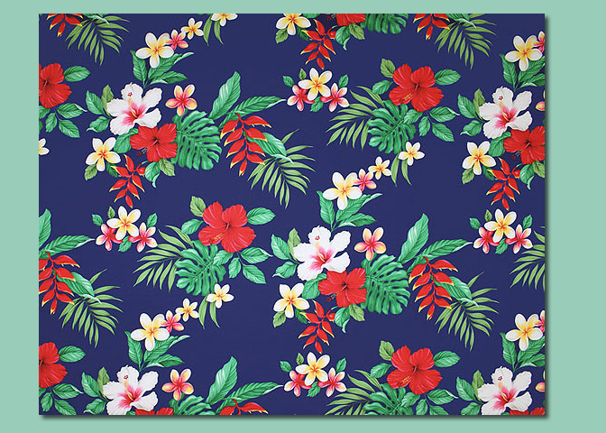 20'olo'olo Hibiscus, heliconia, plumeria, monstera fern and palm fronds on cotton apparel fabric.