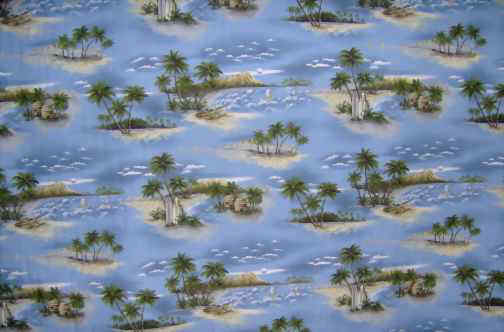 200ne Tropical Hawaiian palm trees, hula huts, surfboards, cotton apparel fabric.