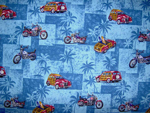 20pihi Tropical Hawaiian cotton apparel fabric with trucks, motorcycles & surfboards.