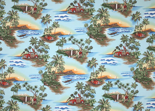 Scenic islands with views of Diamond Head, woody cars, hula girl playing an ukulele, palm trees, waterfalls, ferns, and a canoe.