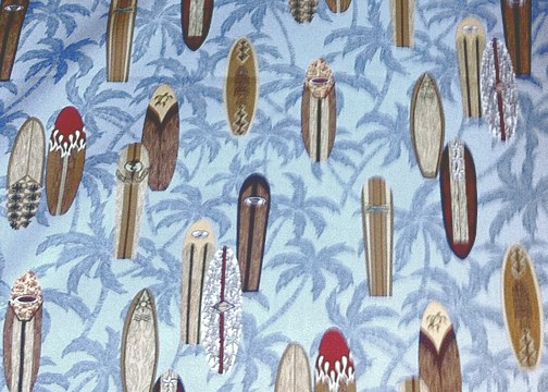 20surfsup surfboards, and palm trees on a beige - taupe reversible apparel cotton, Hawaiian vintage style fabric.