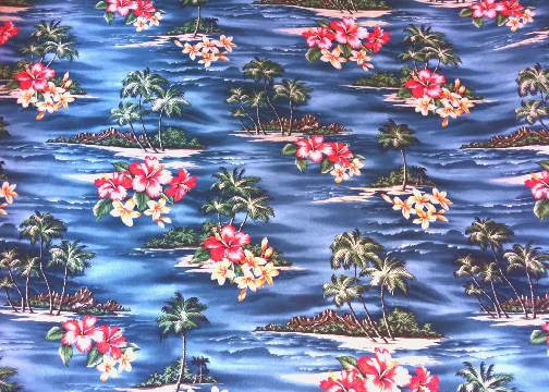 21mauna lepa Tropical Scenic Print; Hibiscus Flowers, palm trees & ocean views on a Hawaiian cotton broadcloth fabric.