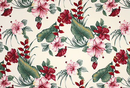 30anea Tropical Hawaiian non-upholstery barkcloth, heliconia & hibiscus flowers.