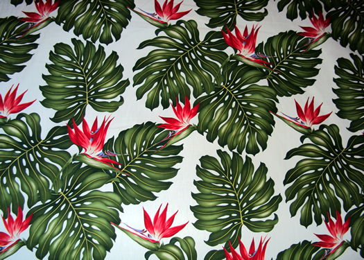 Vintage Style Hawaiian Fabrics
 Tropical Botanical Vintage Hawaiian Barkcloth Fabric -  bird of paradise flowers,& monstera leaves on a cotton apparel fabric.