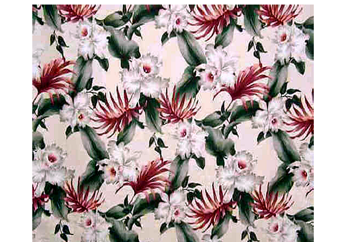 Tropical Hawaiian vintage orchid flowers, cotton non-upholstery barkcloth fabric.