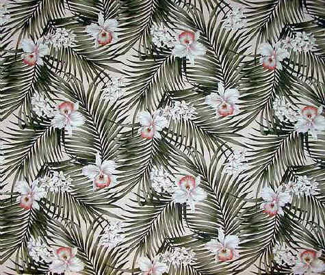 Fern Cream Tropical Botanical Vintage Hawaiian Fabric -  orchid & plumeria flowers, cotton barkcloth upholstery fabric.