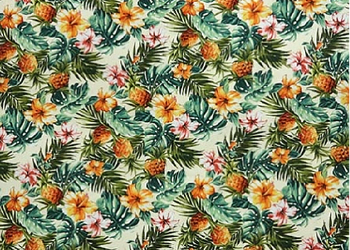 Hala Kea Cotton Apparel Fabric   - Barkcloth Hawaii Fabrics - Vintage Style Hawaiian Fabrics
         A Pineapple motif fabric pattern.