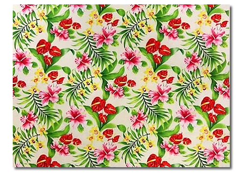 Barkcloth Hawaii Fabrics - Vintage Style Hawaiian Fabrics Tropical Botanical Vintage Hawaiian Barkcloth Fabric - 
			   orchid, plumeria, anthurium and hibiscus flowers, on a cotton apparel fabric