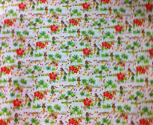 30hula Vintage Style Hawaiian Fabrics Tropical fabric - Hula girls, palm trees and hibiscus flowers.
