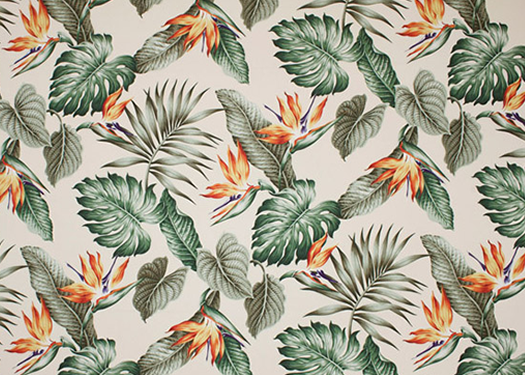 30ka'ena Bird of Paradise flowers, palm fronds, monstera, & ti leaves
      on a cotton poplin vintage style apparel weight fabric.