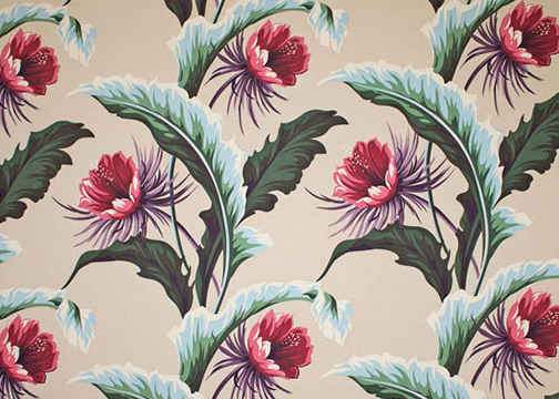 30kapalua Tropical Botanical Vintage Hawaiian Fabric night blooming cereus flowers with banana leaves -  non-upholstery cotton barkcloth fabric.