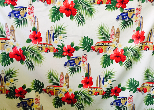 30koma hua Tropical Hawaiian fabrics - woodie cars, surf boards and hibiscus flowers apparel fabric.