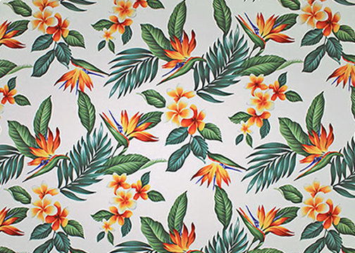 30kupa Tropical Botanical Vintage Hawaiian Fabric - Cotton poplin, 44/45 inch Wide, Brightly colored bird of paradise, plumeria (frangipani), palm fronds and leaves.