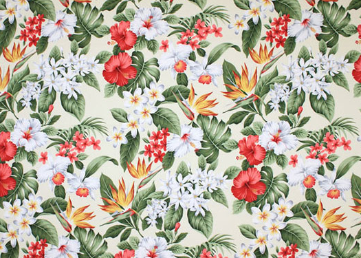 30lehiwa - Barkcloth Hawaii - Timeless Hawaiian Fabrics For your Home& Body
 		Tropical vintage style, Hawaiian botanical Lehiwa - Barkcloth Hawaii - Timeless Hawaiian Fabrics For your Home& Body
 		Clusters of tropical flowers and ferns; bird of paradise, cattleya, plumeria (Frangipani), tiare (tahitian gardenia) flowers, and palm fronds. A tropical vintage 
 		style, Hawaiian botanical cotton poplin from BarkclothHawaii.com