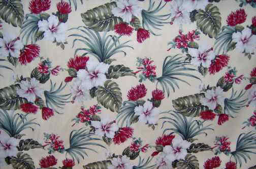 30lehua Tropical Hawaiian hibiscus, plumeria & lehua flowers on a cotton non-upholstery 
		barkcloth fabric - Hawaiian vintage style fabric.