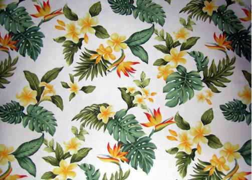 30lelina Tropical Plumeria & Bird Of Paradise Flowers on a Hawaiian cotton broadcloth fabric.