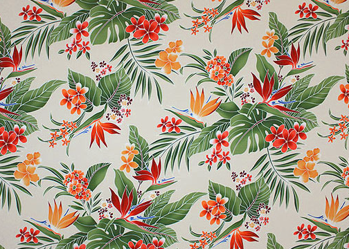 30lohi  Tropical Botanical Vintage Hawaiian Fabric.  All-Over floral. Stylized, brightly-colored bird of paradise, plumeria (frangipani), monstera, palm fronds and leaves..
